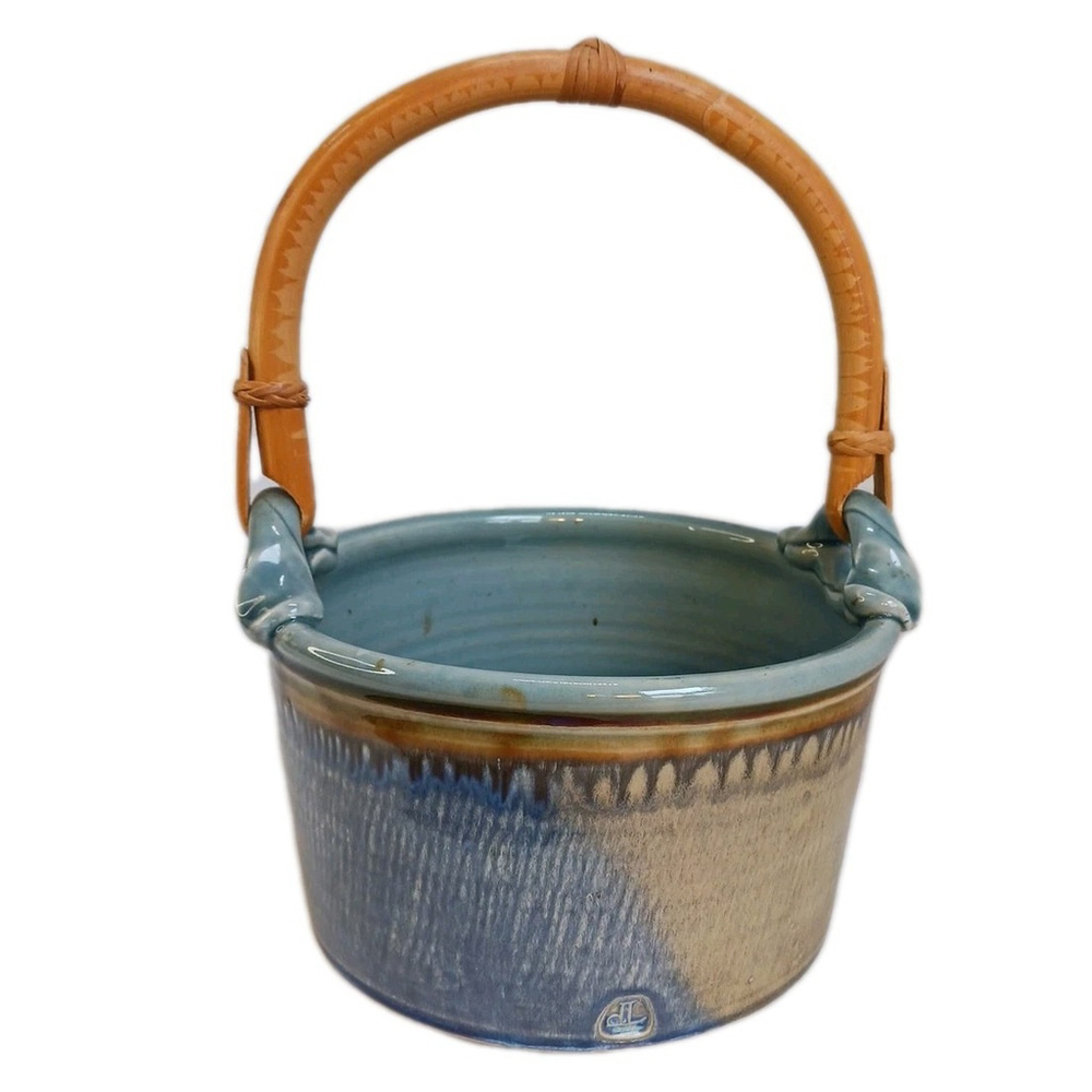 Art Pottery Stoneware Basket Large Blue Glaze Bamboo Handle